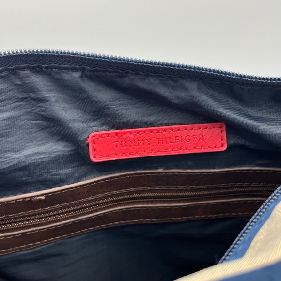 Tommy Hilfiger Satchel Bag Navy Tan Striped Barrel Handbag Purse Travel - Picture 10 of 16